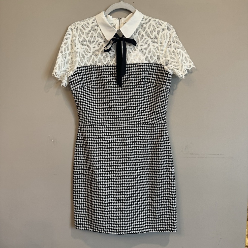 NEW Storia Black White Houndstooth Lace‎ Dress Medium Academia